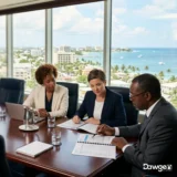 An audit committee reviewing financial statements in a Caribbean boardroom. Dawgen Global illustration.